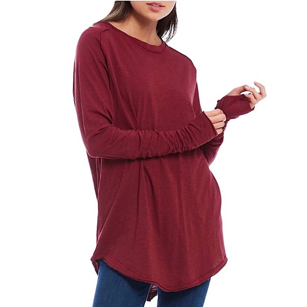 FREE PEOPLE Queen Pomegranate Maroon Round Hem Long Sleeve Thumb Holes Tunic NWT - Picture 1 of 13